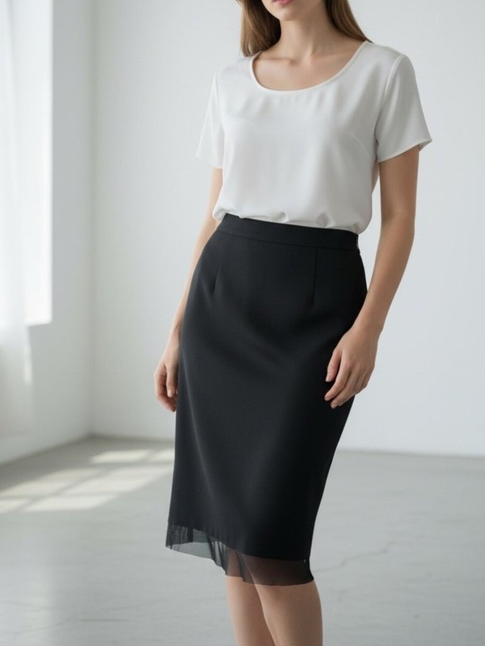 Misook Black Knit Pull-On Midi Skirt Chiffon Ruffle Hem Stretch Size XL